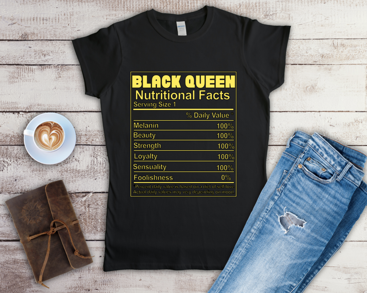 Black Queen Nutritional Facts T-shirt - Black and Yellow