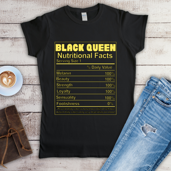 Black Queen Nutritional Facts T-shirt - Black and Yellow